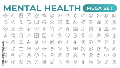 Mental health outline icon set. Containing depression, bipolar, PTSD, panic and mind disorder icons. Psychology solid symbol illustration.