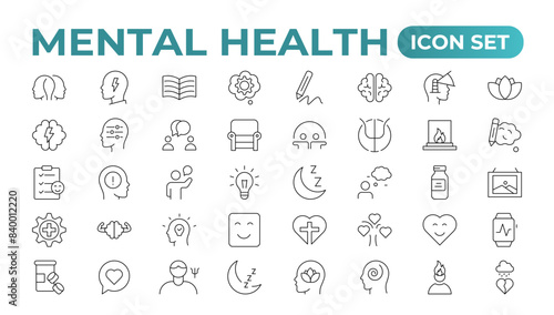 Mental health outline icon set. Containing depression, bipolar, PTSD, panic and mind disorder icons. Psychology solid symbol illustration.