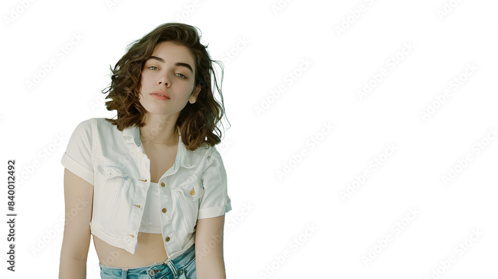 A woman with wavy hair leans casually against a wall, wearing a cropped white jacket and high-waisted jeans, exuding effortless style. Transparent background. A woman with wavy hair leans casually against a wall, wearing a cropped white jacket and high-waisted jeans, exuding effortless style. Transparent background.