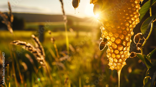 Scrumptious honey pouring from the honeycomb is captured in a mouth-watering presentation against a backdrop of golden sunset and serene rural landscapes.

 photo