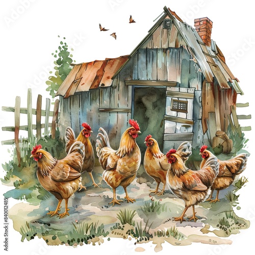 Chickens walking on a rustic farmyard watercolor clipart illustration on white background