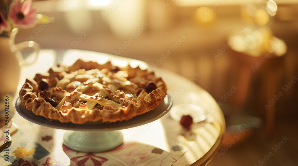 Detailed shot of a pie adorned with cookies on a sunlit table, capturing its craftsmanship and mouth-watering appeal.
Detailed shot of a pie adorned with cookies on a sunlit table, capturing its craftsmanship and mouth-watering appeal.