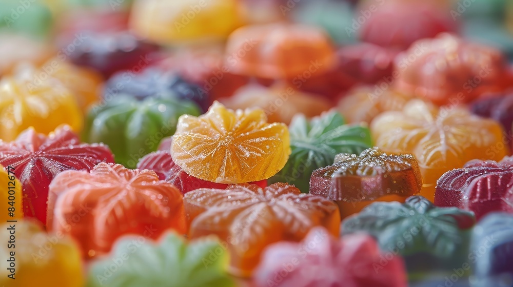 High-detail image of colorful cannabis jelly candies, selective focus, emphasizing their glossy texture and rich colors High-detail image of colorful cannabis jelly candies, selective focus, emphasizing their glossy texture and rich colors