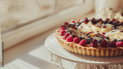 A detailed photograph of a homemade pie adorned with artistic cookie decorations, set on a bright table in a sun-drenched room, showcasing its meticulous craftsmanship.

