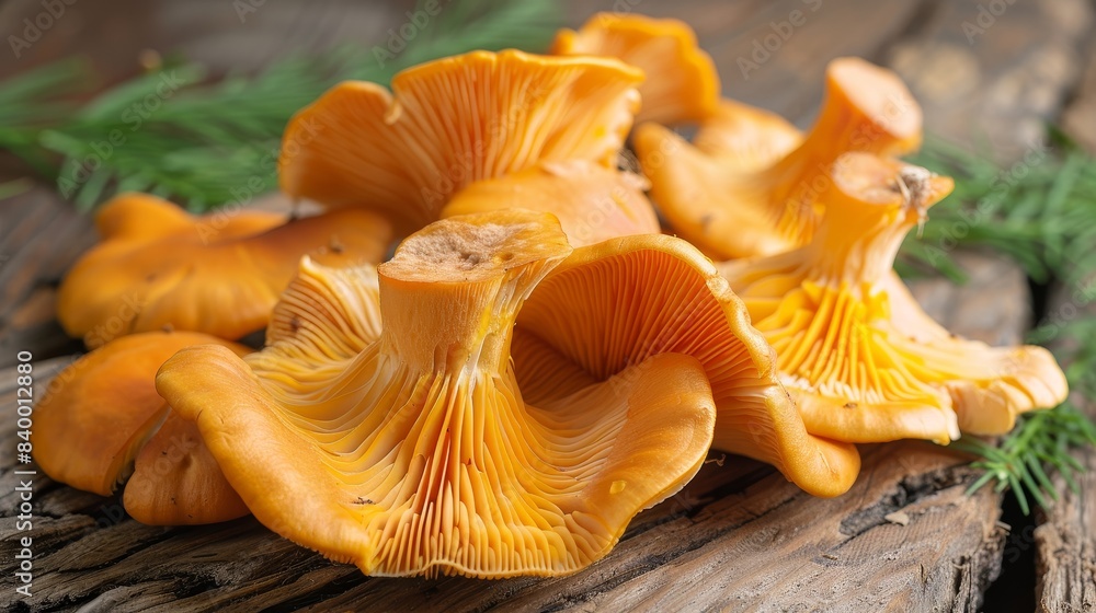 High-detail image of chanterelle mushrooms on a rustic wooden surface, perfect for food bloggers and culinary projects High-detail image of chanterelle mushrooms on a rustic wooden surface, perfect for food bloggers and culinary projects