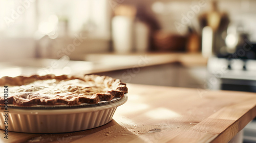 Freshly baked homemade pie with a golden crust on a light wooden table in a sunny room, displaying its delicious texture and aroma.