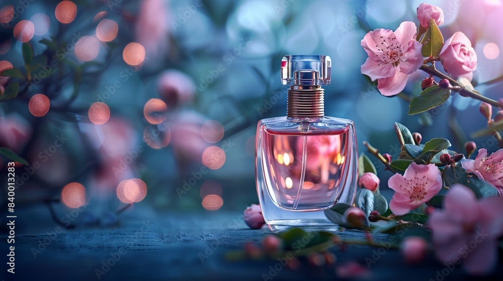 High-detail image of a perfume bottle with floral aroma bursting, captured in a studio setting with an isolated, elegant background