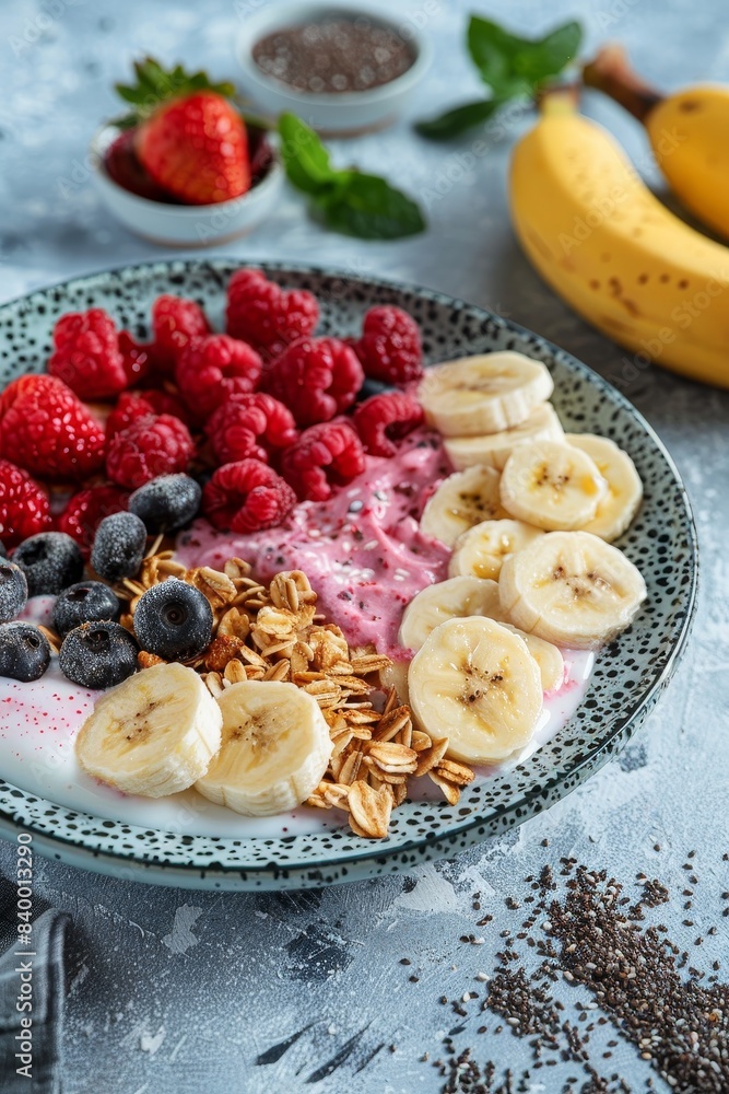 A bowl of fruit with strawberries, blueberries, bananas, and raspberries. The bowl is on a pink background A bowl of fruit with strawberries, blueberries, bananas, and raspberries. The bowl is on a pink background
