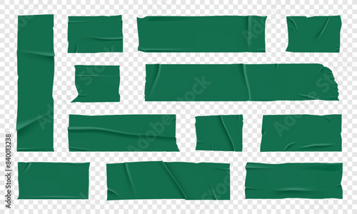 Vector set of 3D realistic green adhesive tape. Torn pieces of masking tape isolated on transparent background. PNG duct tape.