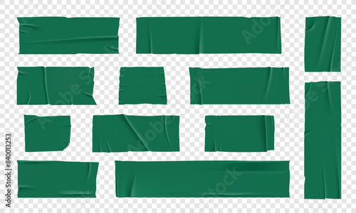 Vector set of 3D realistic green adhesive tape. Torn pieces of masking tape isolated on transparent background. PNG duct tape.