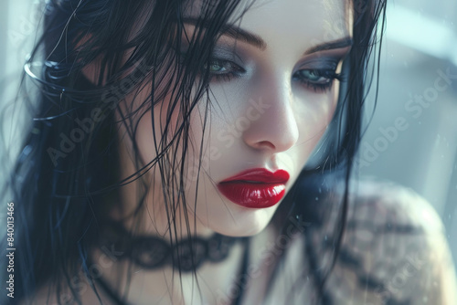 Goth style Portrait of a brunette woman, fashion and make-up shoot. Gothic, Goth, Emo, New Wave, Dark style fashion. Dark smokey make-up, red lipstick. Dramatic. Elegant.	