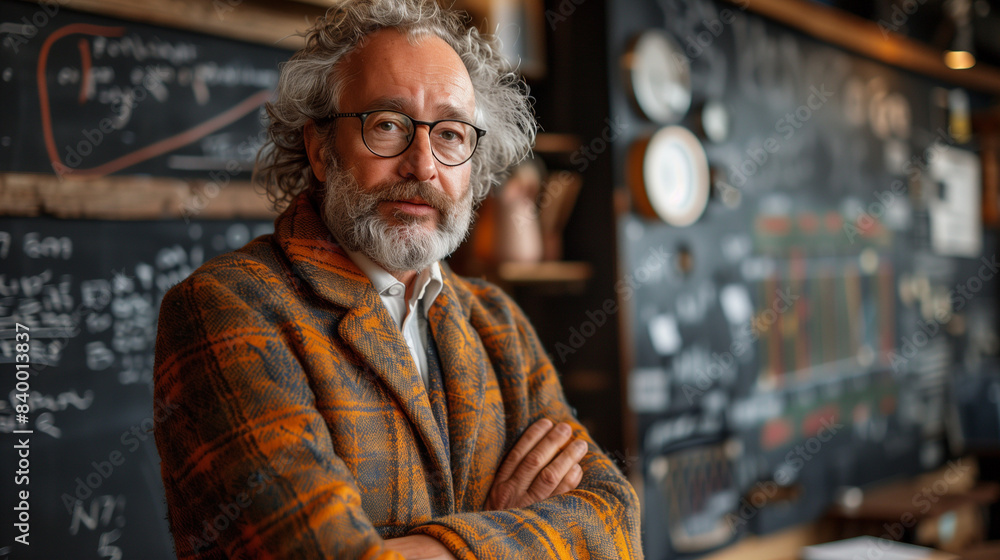 Professor at the Blackboard - Professor writing formulas or notes on the blackboard, facing students, explaining complex topics Professor at the Blackboard - Professor writing formulas or notes on the blackboard, facing students, explaining complex topics