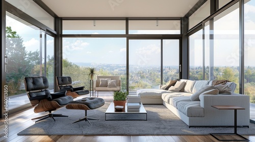 04060744 338 Modern living room with floor-to-ceiling windows and a stunning view --ar 16:9 Job ID: 220619b5-7c74-4cfa-b8f2-a51dca07c1ad