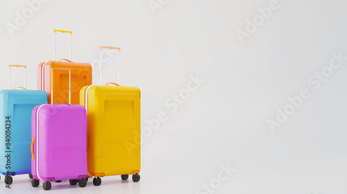 Playful 3D suitcase icons in vibrant hues and minimalist style, displayed against a clean white background. Illustration of travel themes.