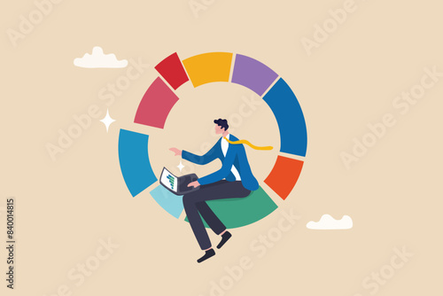 Investment pie chart asset allocation for diversification, financial percentage distribution, budget or marketing analysis chart diagram concept, businessman working with computer laptop on pie chart.