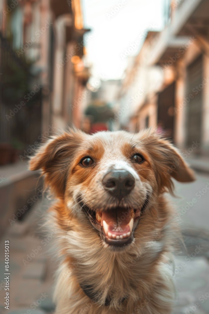 a portrait close up of a dog smiling happily with the streets in the background a portrait close up of a dog smiling happily with the streets in the background