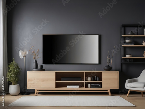 Modern Living Room with Wall-Mounted TV  Wooden Lowboard  and Stylish Decor in Neutral Tones