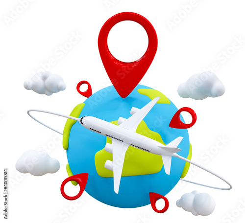 Traveling around the world concept. Travel tourism trip, vacation holidays. Visiting interesting places with Globe, cloud, airplane and pin location for making advertising media tourism