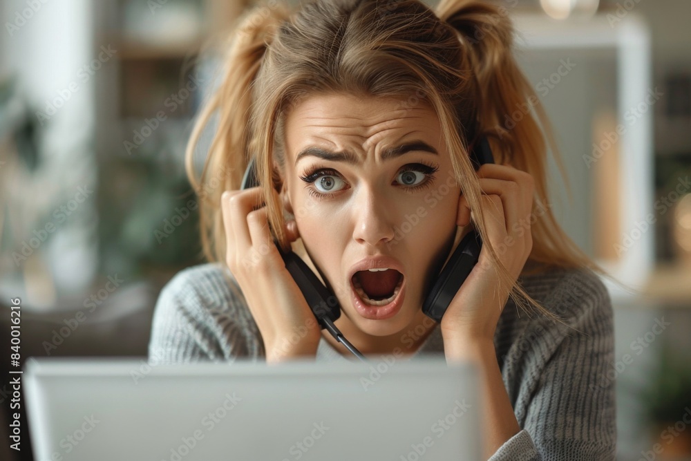 Surprised blonde woman on phone near laptop