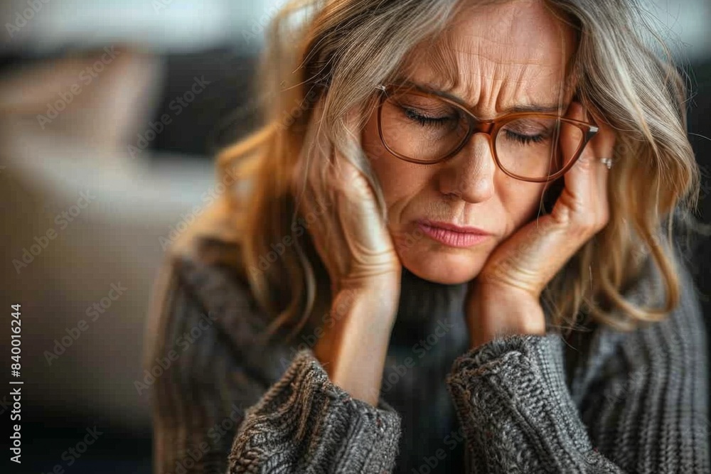 Woman glasses table hands face Woman glasses table hands face
