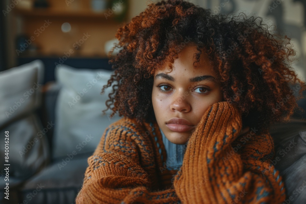 Curly-haired woman in sweater Curly-haired woman in sweater