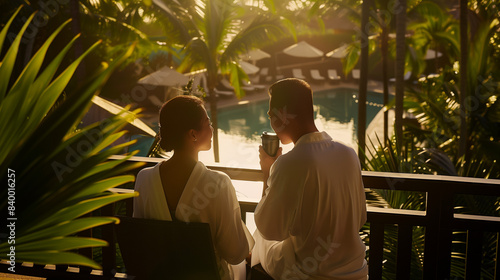 Couple in crisp white robes enjoy coffee on a balcony, overlooking a tropical paradise.