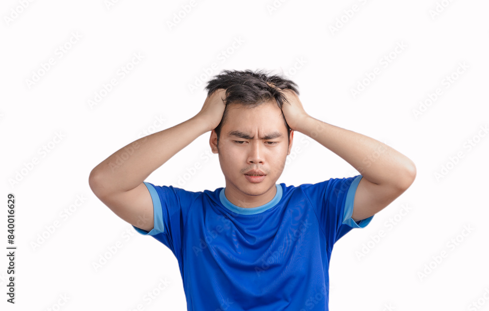 Young man touching his head and keeping eyes closed isolated on white background, suffering from severe headache or migraine pain while working, crisis, problem, and mistake, Feeling stressed Young man touching his head and keeping eyes closed isolated on white background, suffering from severe headache or migraine pain while working, crisis, problem, and mistake, Feeling stressed