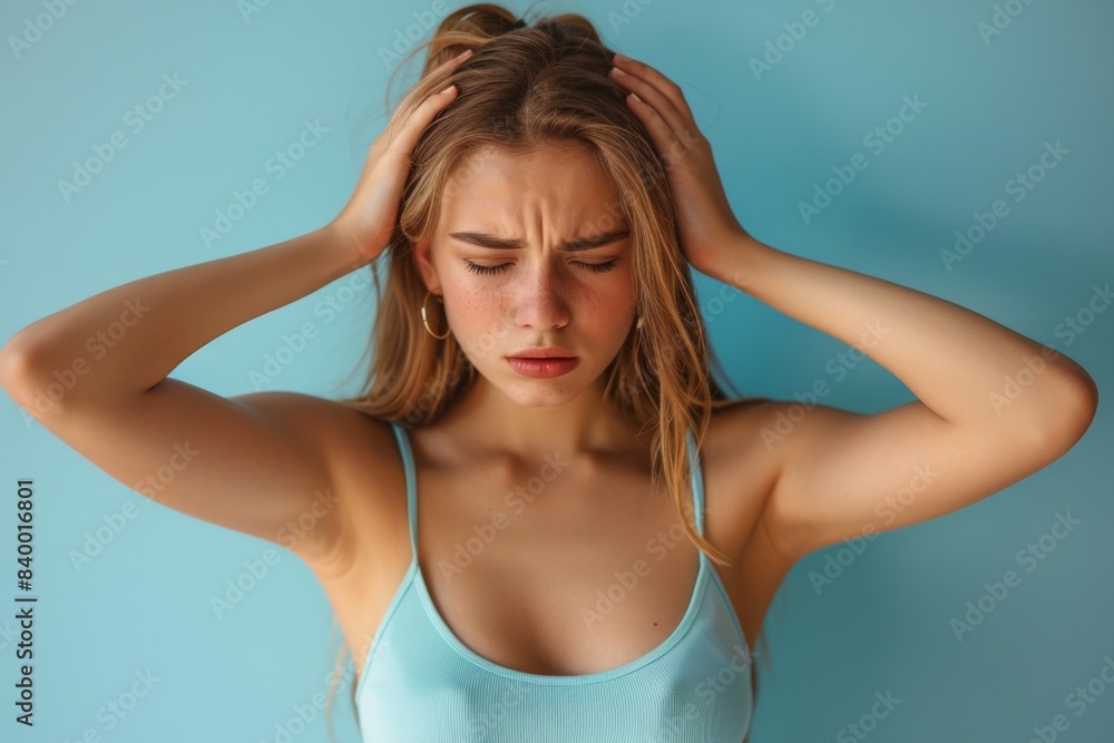 Woman in blue top gripping head Woman in blue top gripping head