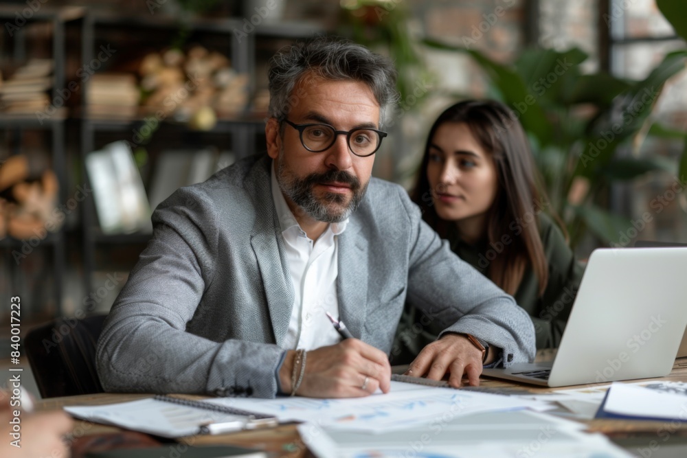 Man sitting table laptop papers Man sitting table laptop papers