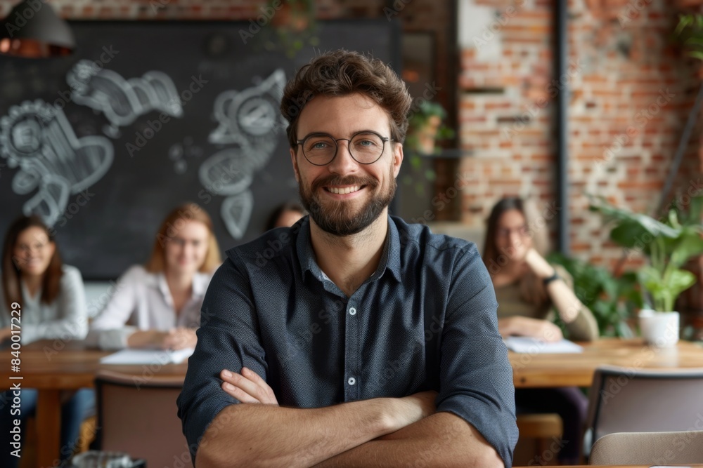 Man smiles, arms crossed, group watch Man smiles, arms crossed, group watch