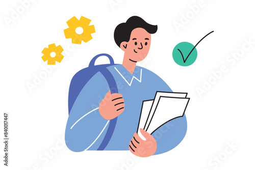 Vector illustration of a student with a backpack and papers in hand. Flat cartoon style. School, education, and learning. Teenage boy in academic life, studying concept. University or college setting