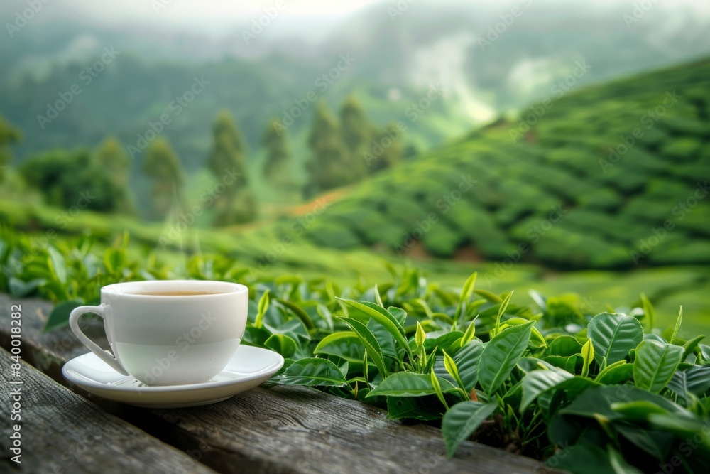 Coffee cup wooden table tea plantation view Coffee cup wooden table tea plantation view