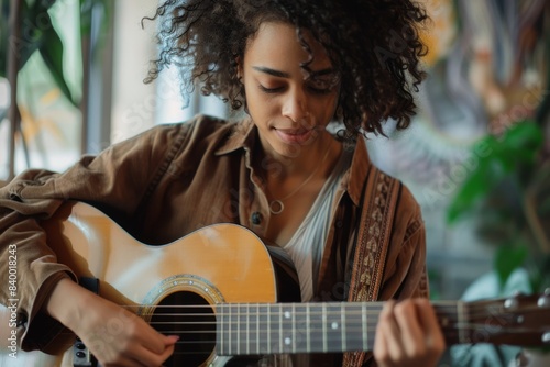 Woman plays guitar cafe, plant in background