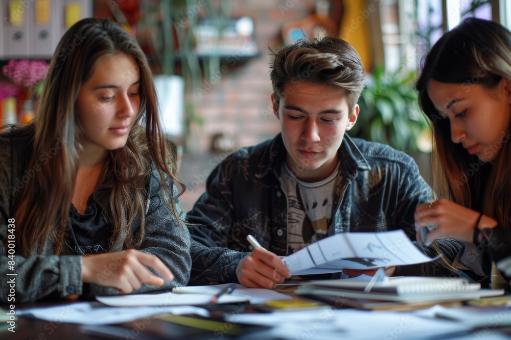 Three individuals with papers and pens at a table Three individuals with papers and pens at a table