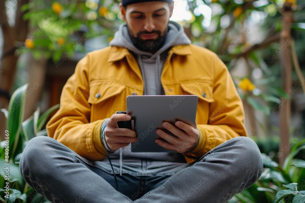 Male on bench with tablet Male on bench with tablet