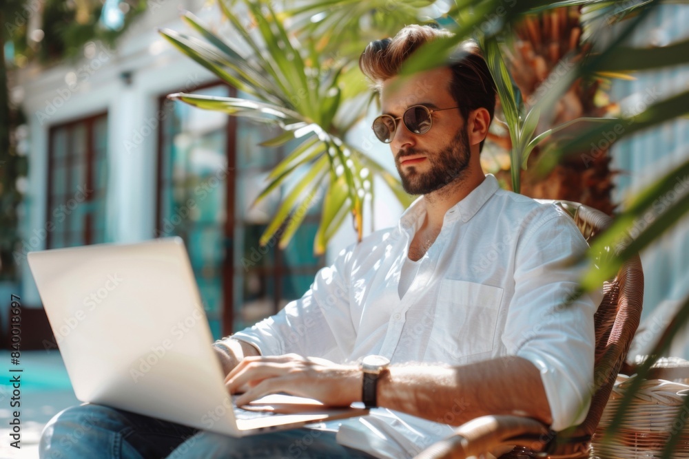 Man seated chair laptop usage Man seated chair laptop usage