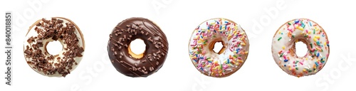 This overhead view of a variety of flavored donuts showcases diverse delicious options and tempting dessert temptations isolated on transparent background cutout png