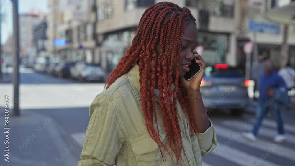 African american woman talking on a mobile phone while walking on a sunny urban street. African american woman talking on a mobile phone while walking on a sunny urban street.