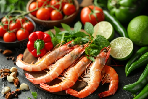 Shrimps, vegetables, limes on table