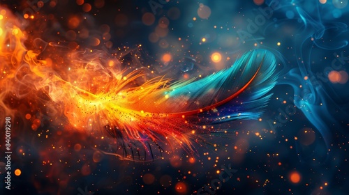 Feather on fire, vivid and colorful, sparkling particles enhancing the sense of magic and mystery photo