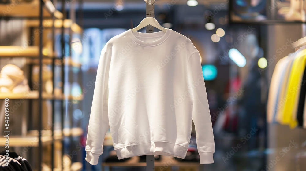 Simple sweatshirt hangs on neutral hanger against light, blurred clothing store backdrop, emphasizing minimalism.
Simple sweatshirt hangs on neutral hanger against light, blurred clothing store backdrop, emphasizing minimalism.