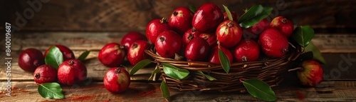 A basket of freshly picked kokum fruits, with their vibrant red skins, set on a rustic wooden table with scattered leaves photo