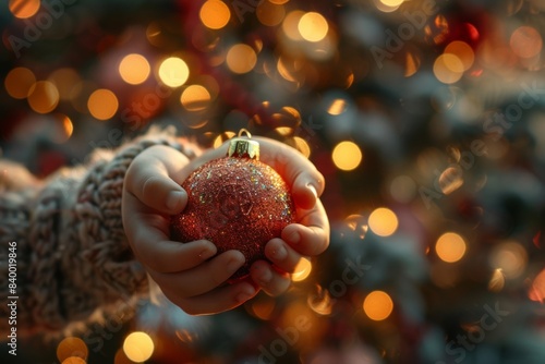 Person holding red ornament by Christmas tree photo