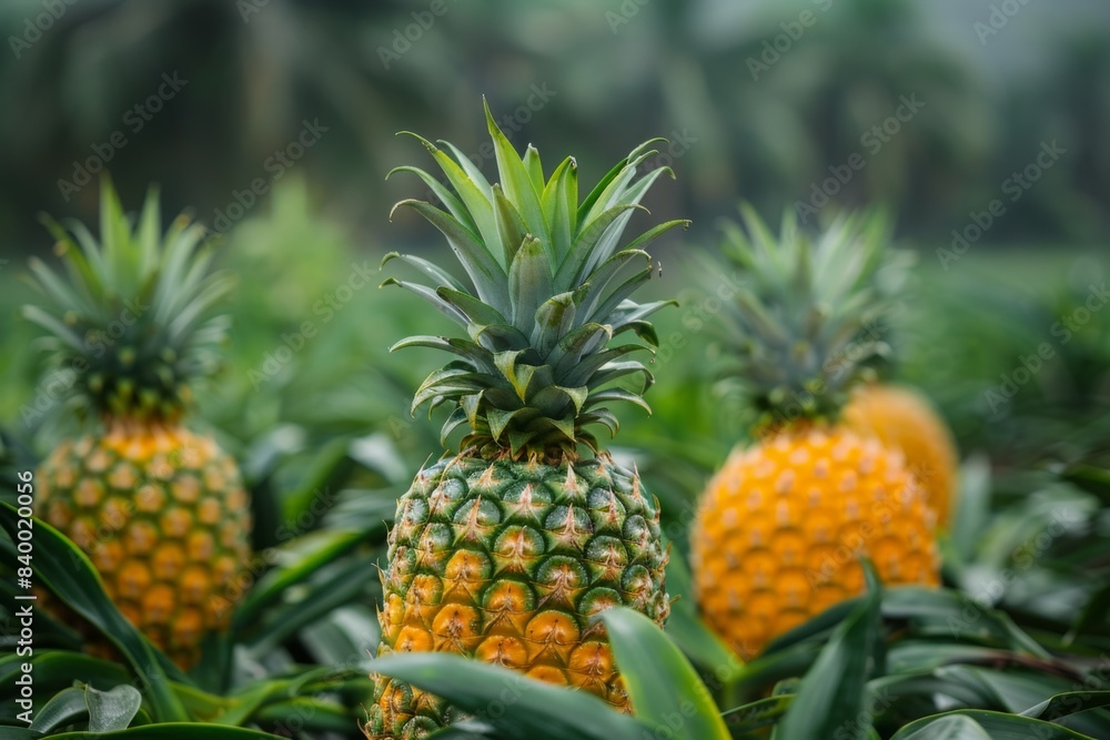 Three pineapples surrounded by lush green foliage Three pineapples surrounded by lush green foliage
