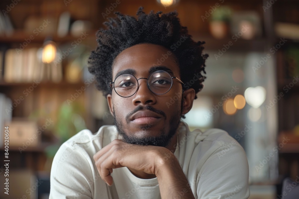 Man in glasses at table reading book