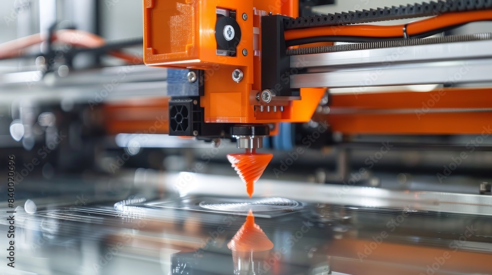 A machine is printing a piece of plastic. The machine is orange and black A machine is printing a piece of plastic. The machine is orange and black