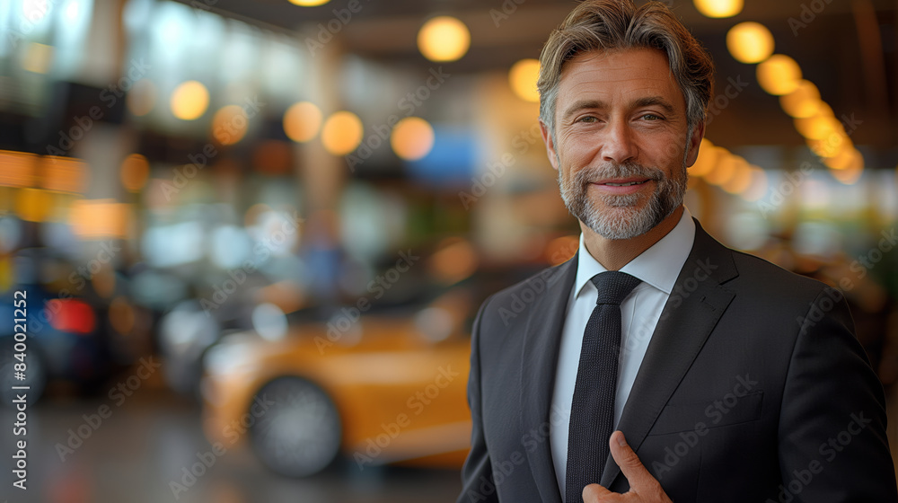 A man in a suit and tie is posing for a picture in a car dealership. He is smiling and he is confident. Middle aged car salesman with sly smile wearing black suit, skinny tie with right hand in pocket A man in a suit and tie is posing for a picture in a car dealership. He is smiling and he is confident. Middle aged car salesman with sly smile wearing black suit, skinny tie with right hand in pocket