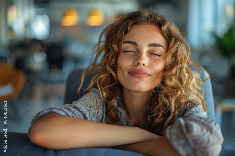 © Sandu - Relaxed woman sitting on couch with eyes closed © Sandu - Relaxed woman sitting on couch with eyes closed