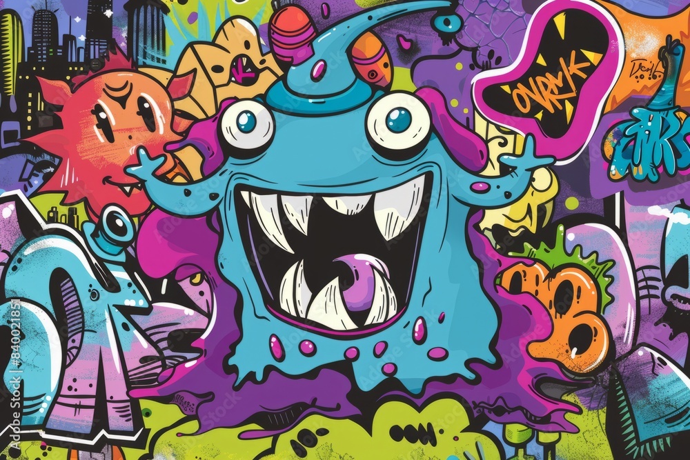 Cartoon cute doodles of a friendly graffiti monster adding vibrant designs to urban spaces, Generative AI Cartoon cute doodles of a friendly graffiti monster adding vibrant designs to urban spaces, Generative AI
