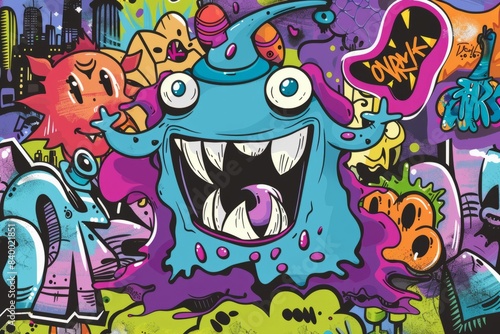 Cartoon cute doodles of a friendly graffiti monster adding vibrant designs to urban spaces  Generative AI